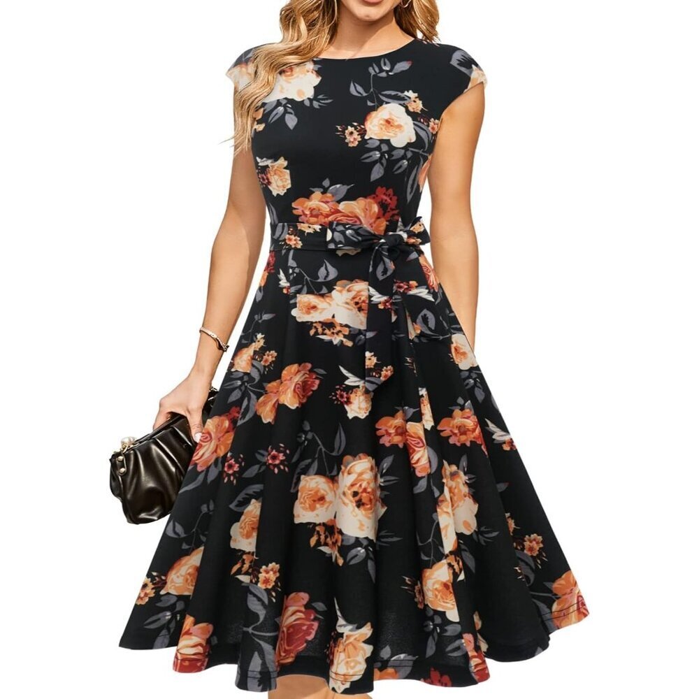 Dresstells Women's Black Yellow Modest Vintage Cocktail Formal Party Dresses